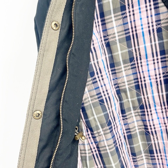 Boden Field Jacket Waxed Fitted Coat size 10 Plaid Lining Black with green trim - Picture 6 of 13